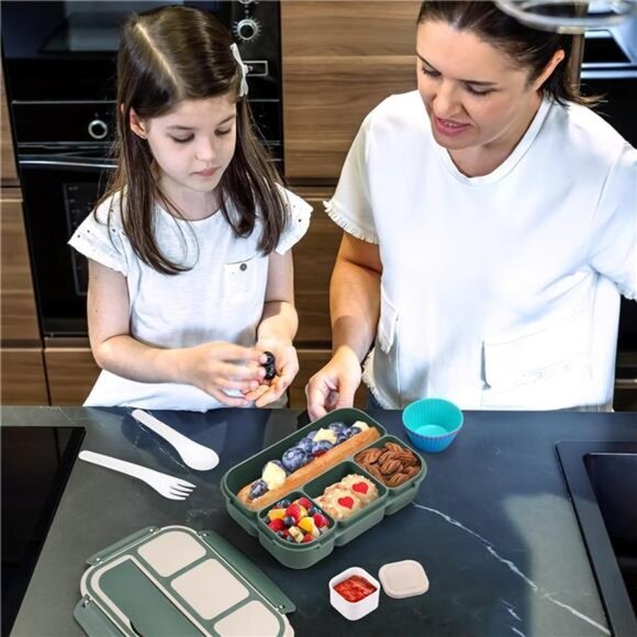 Adult, Kids Bento Lunch Box - 4 Compartments, Utensil Set, for School Dark Green - Picture 7 of 8